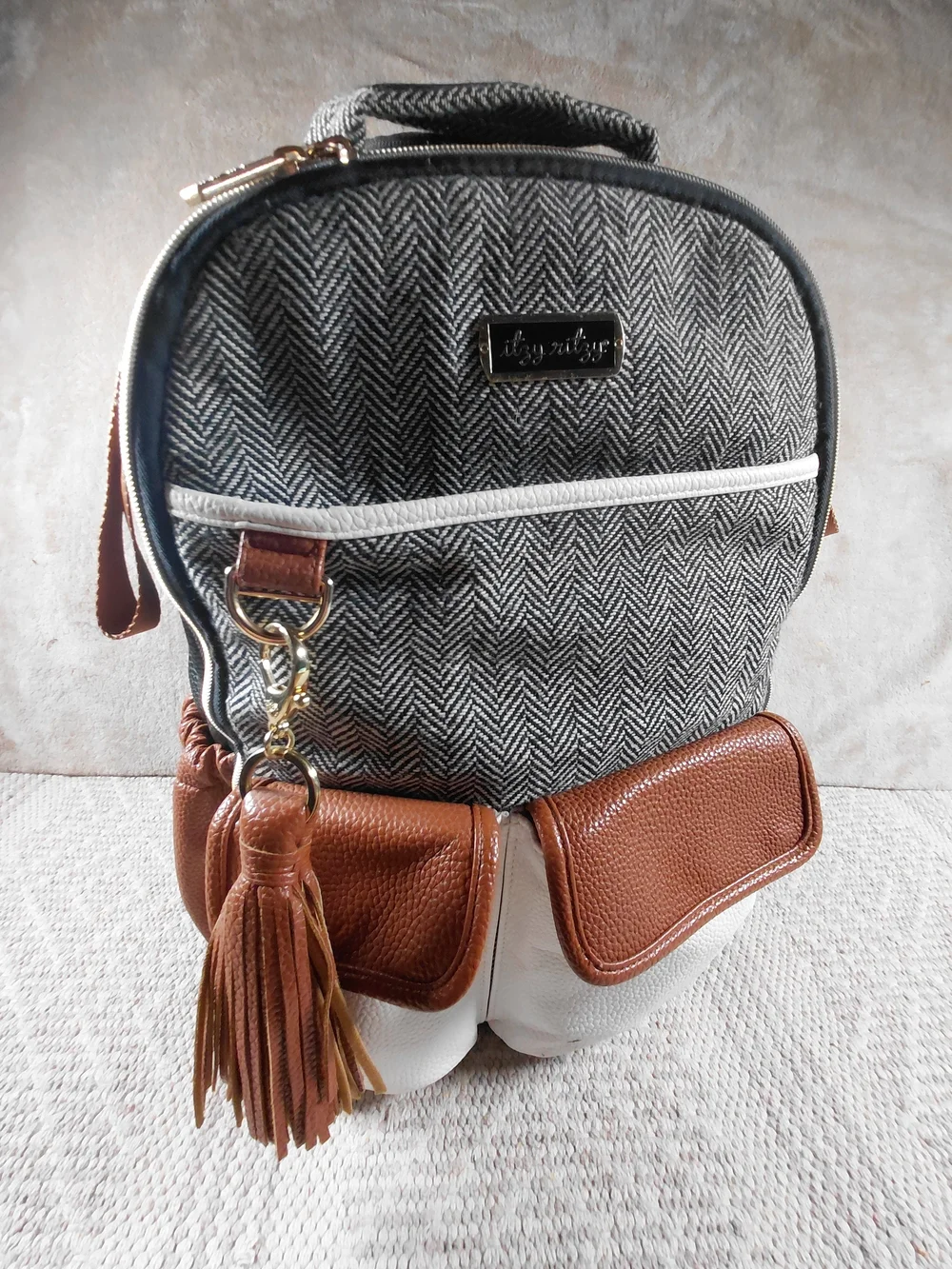 Itzy Ritzy Boss Gray Herringbone & Brown Coffee & Cream Diaper Backpack